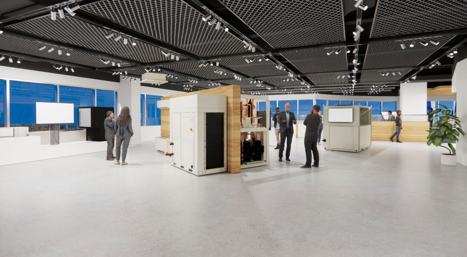 Open floor solutions display with NYC skyline in background